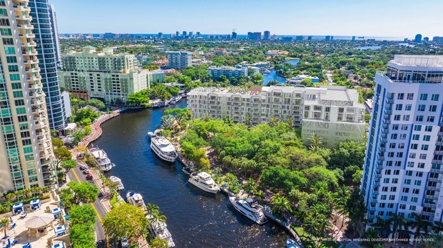 Sixth and Rio site on the New River with yachts, Fort Lauderdale